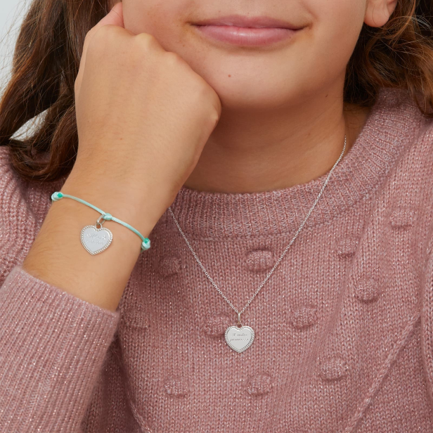 Porté bracelet cordon personnalisé enfant pendentif coeur perlé argent