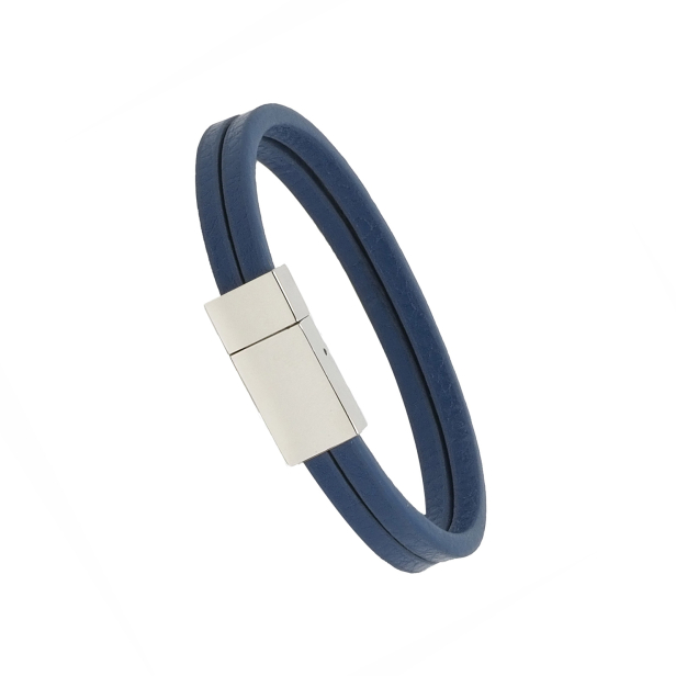 Bracelet enfant personnalisé en cuir plat bleu, double tour avec boucle argentée