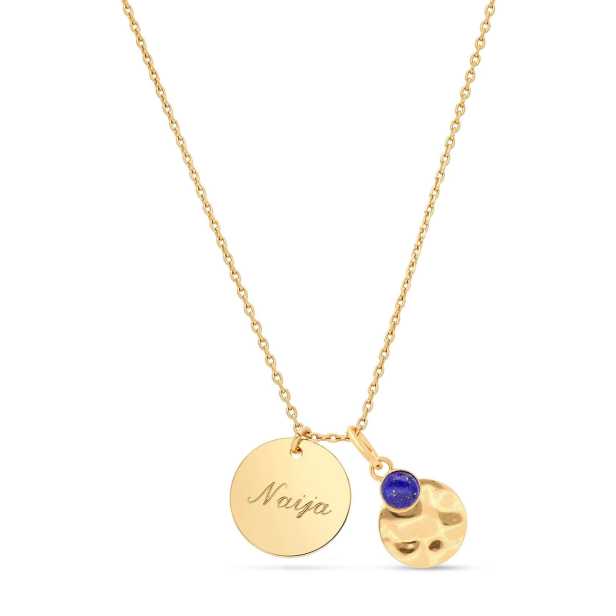 Collier petite médaille et son pendentif martelé et pierre bleue