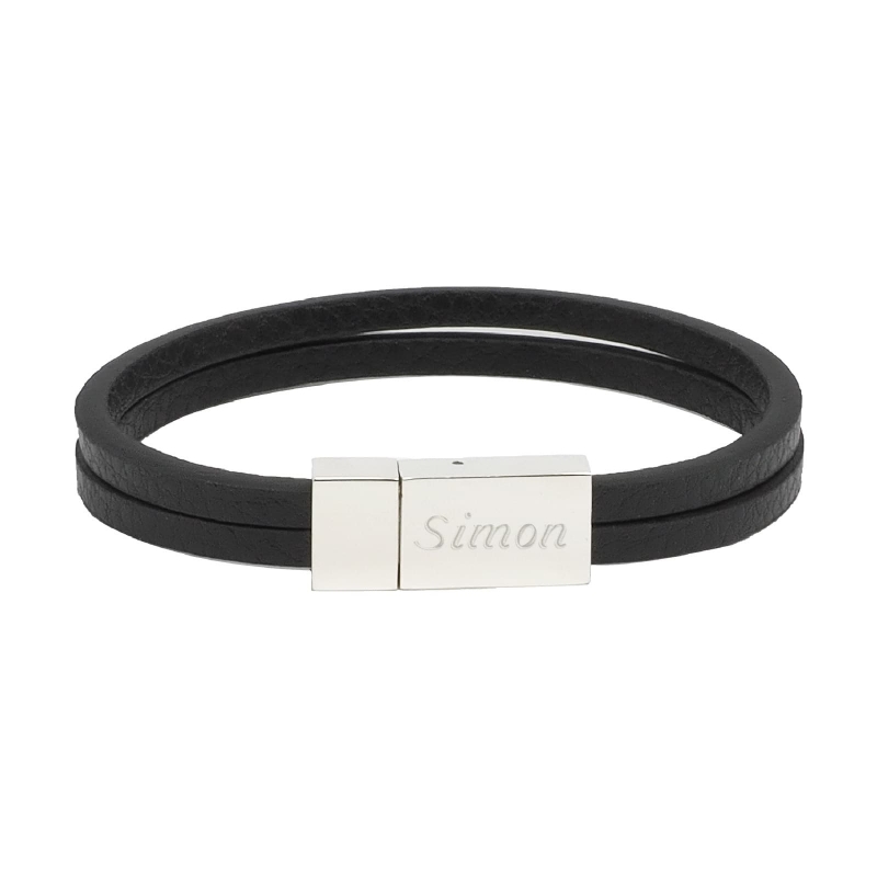 Bracelet enfant personnalisé en cuir plat noir, double tour avec boucle argentée