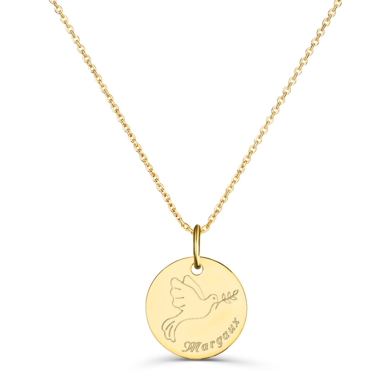 Collier enfant personnalisé médaille 15 mm dessin colombe en Plaqué Or