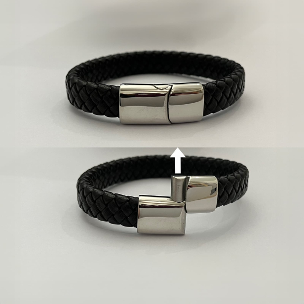 Bracelet homme personnalisable en cuir tressé marron et boucle argentée