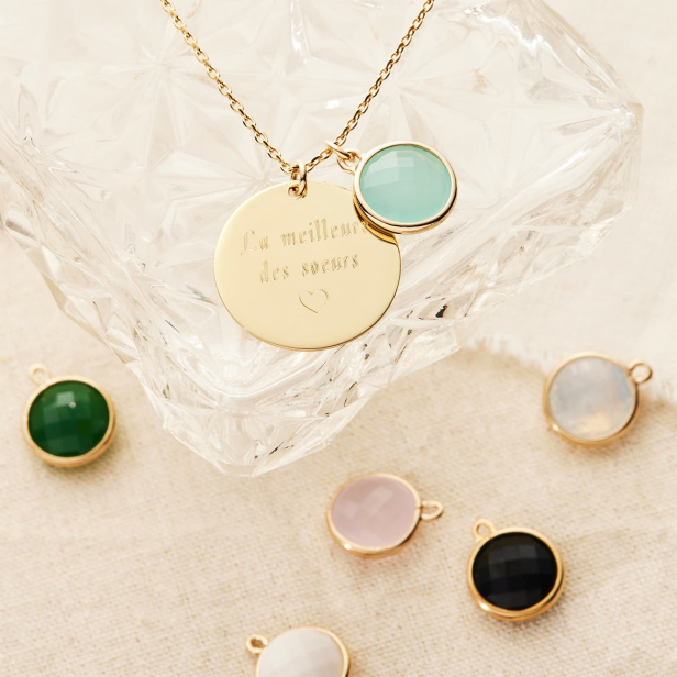 Collier personnalisé médaille 20 mm en Plaqué Or et pierre noire