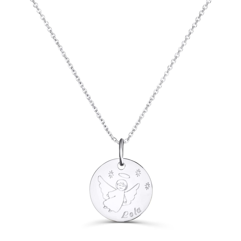Collier personnalisé médaille 15 mm dessin ange en Argent