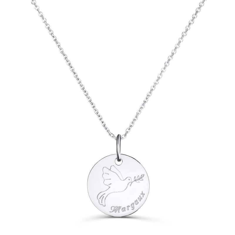 Collier enfant personnalisé médaille 15 mm dessin colombe en Argent