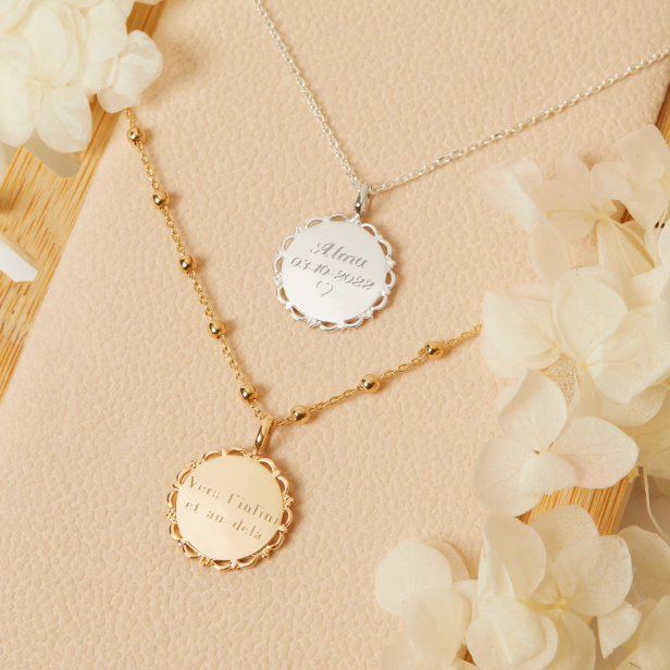 Collier personnalisé enfant médaille 18 mm dentelle Argent