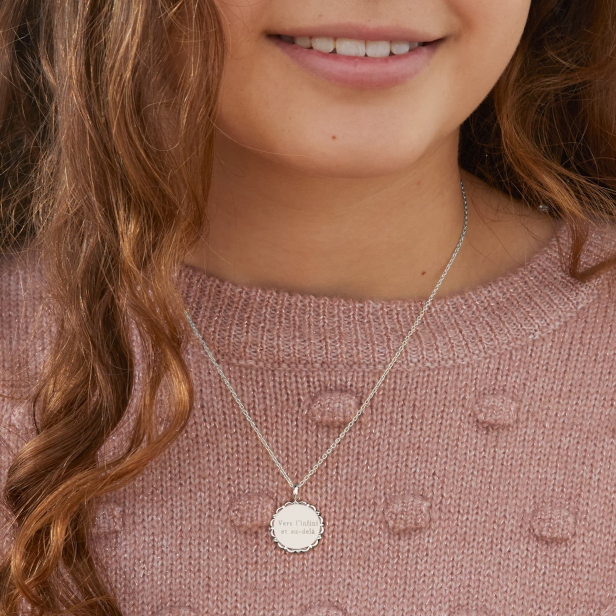 Collier personnalisé enfant médaille 18 mm dentelle Argent