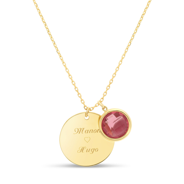 Packshot du collier personnalisé médaille martelée 20 mm Plaqué Or et pierre fine fuchsia (arrière)