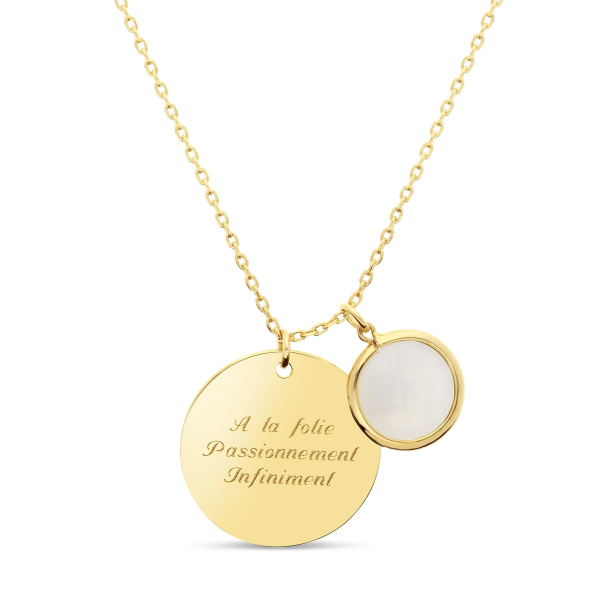 Packshot du collier personnalisé médaille martelée 20 mm Plaqué Or et pierre fine transparente (arrière)