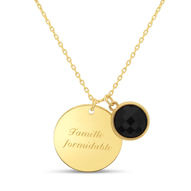 Packshot du collier personnalisé médaille martelée 20 mm Plaqué Or et pierre fine noire (arrière)