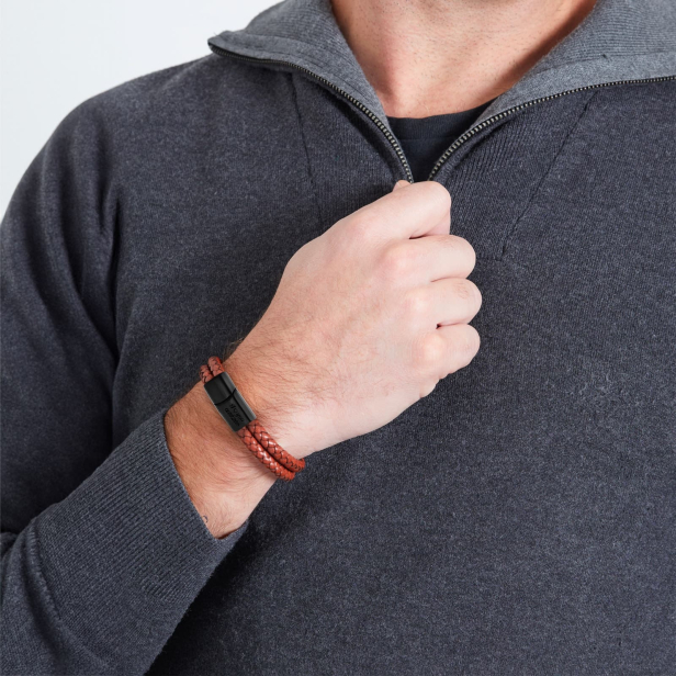 Bracelet homme personnalisé en cuir marron tressé, double tour avec boucle noire