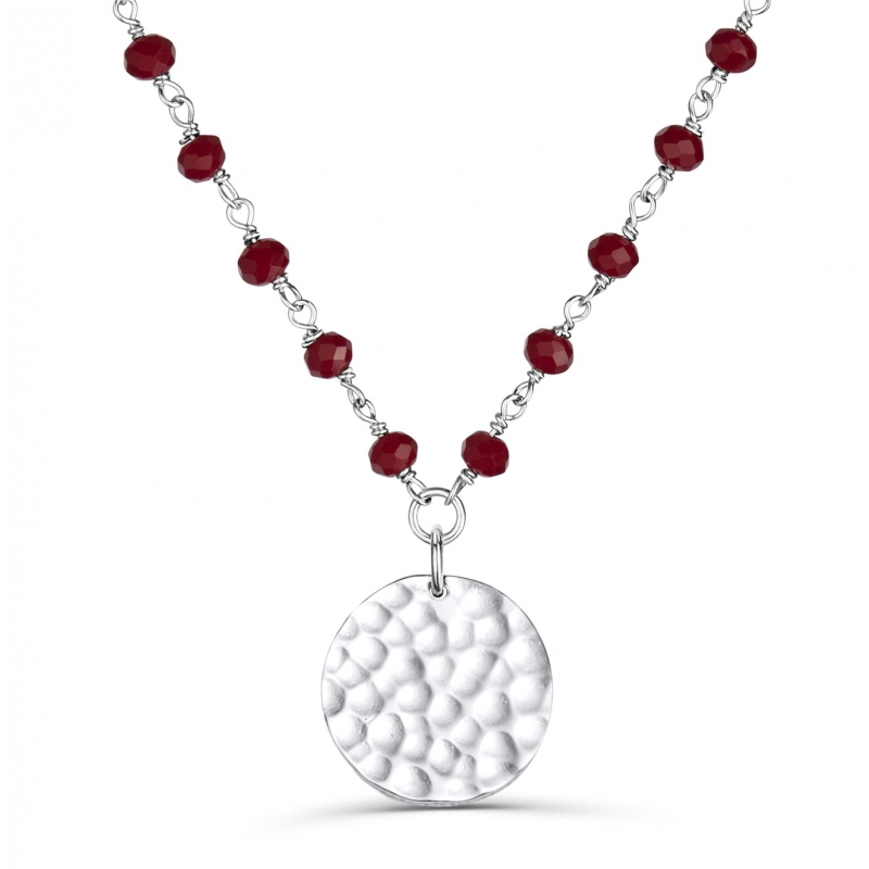 Collier avec pierres rouges et médaille martelée personnalisée 15 mm Argent