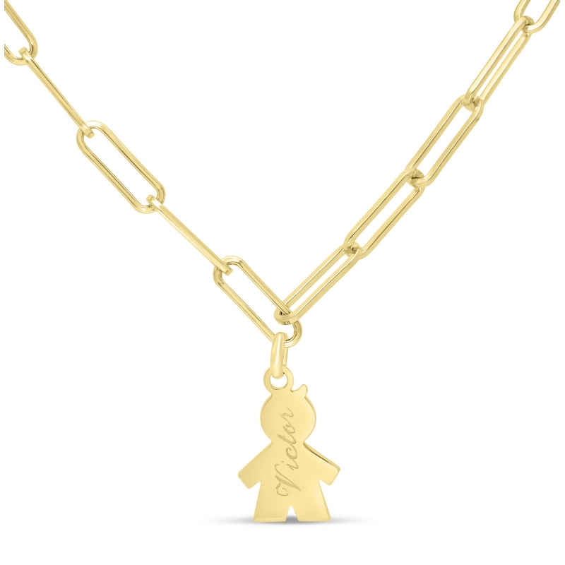 Collier personnalisé Plaqué Or, maille trombone et pendentif petit garçon 15 mm