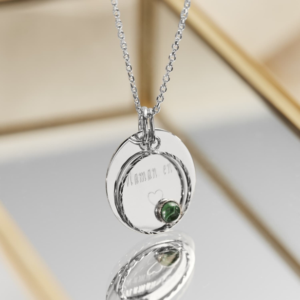 Collier médaille 20 mm Argent personnalisée et pendentif cercle avec pierre verte