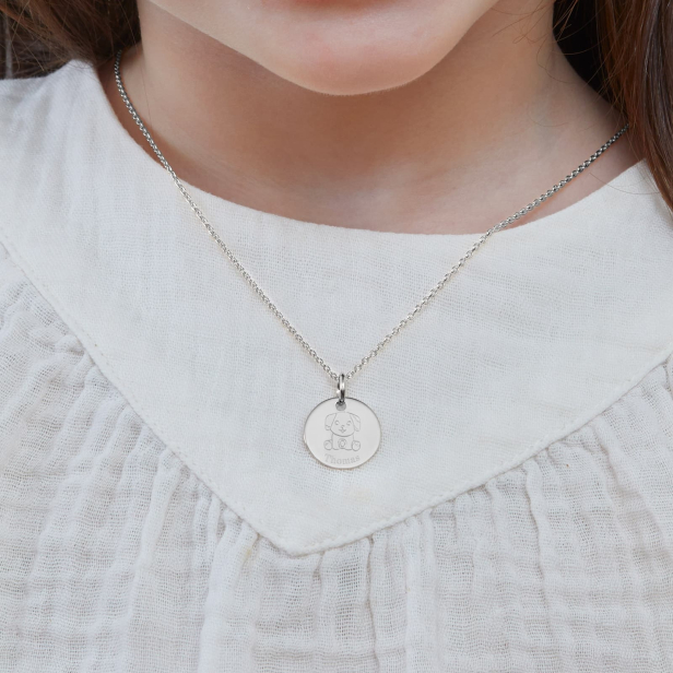 Collier personnalisé médaille 15 mm dessin chien en Argent