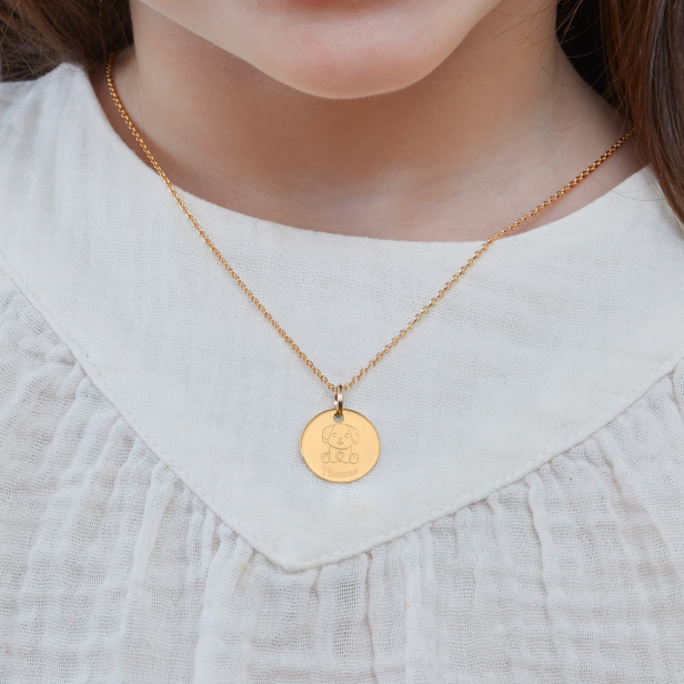 Collier personnalisé médaille 15 mm dessin chien en Plaqué Or