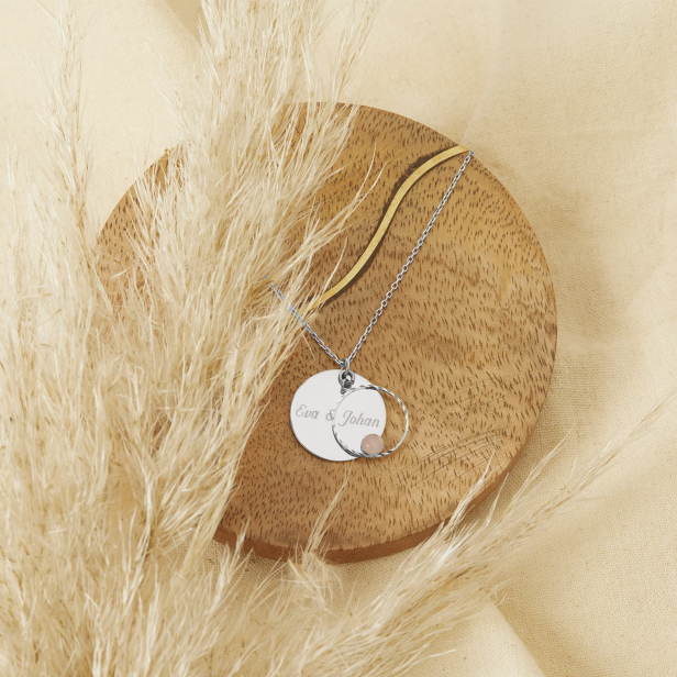 Collier médaille 20 mm Argent personnalisée et pendentif cercle avec pierre rose