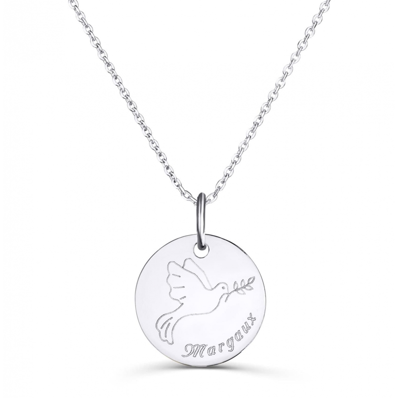 Collier personnalisé médaille 20 mm dessin colombe en Argent