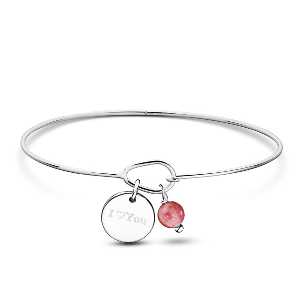 Jonc fin pierre et médaille martelée 12 mm personnalisée - fermoir goutte en Argent