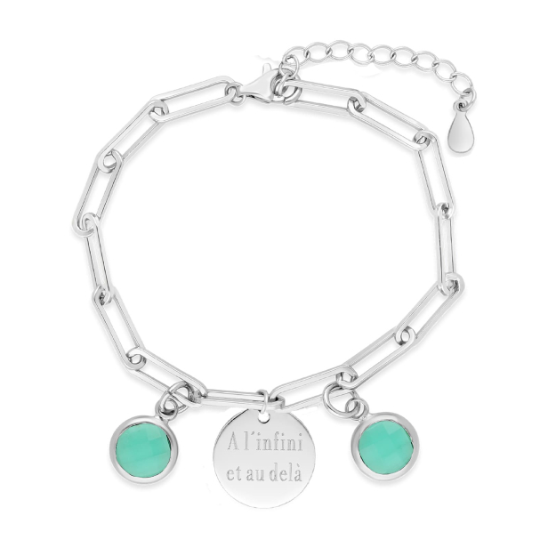 Bracelet grande maille, médaille personnalisée 15 mm en Argent et pierre(s) bleue(s)