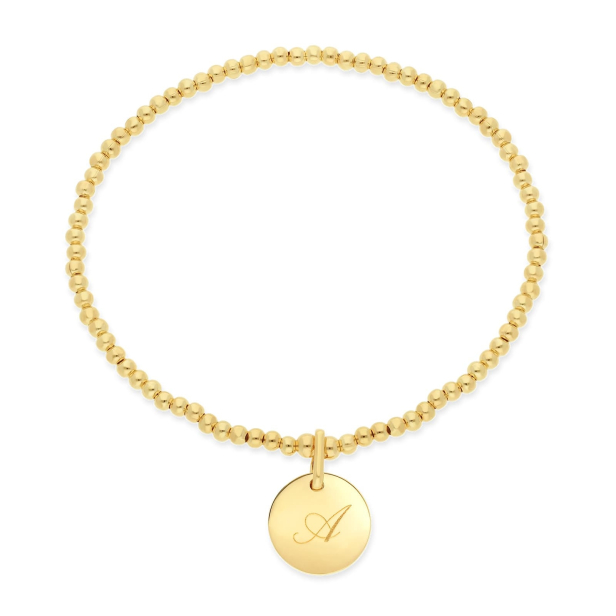 Bracelet élastique perles Plaqué Or et médaille martelée 12 mm gravée
