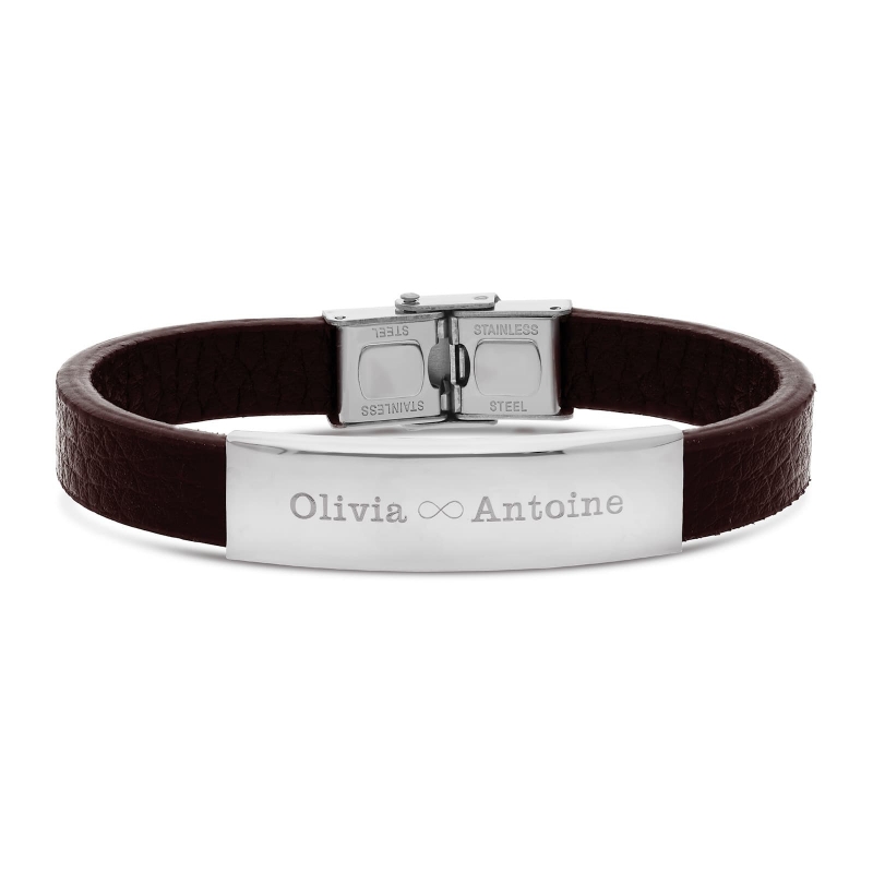 Bracelet homme personnalisé en cuir grainé marron et boucle acier
