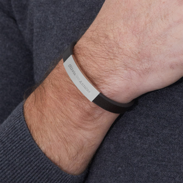 Bracelet homme personnalisé en cuir grainé noir et boucle acier