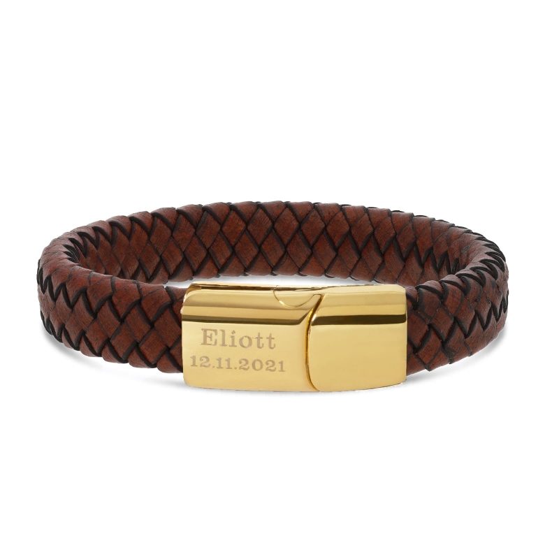 Bracelet homme personnalisé en cuir tressé marron et boucle dorée