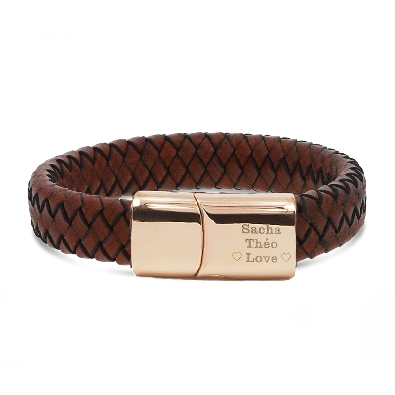Bracelet homme personnalisé en cuir tressé marron et boucle rosée