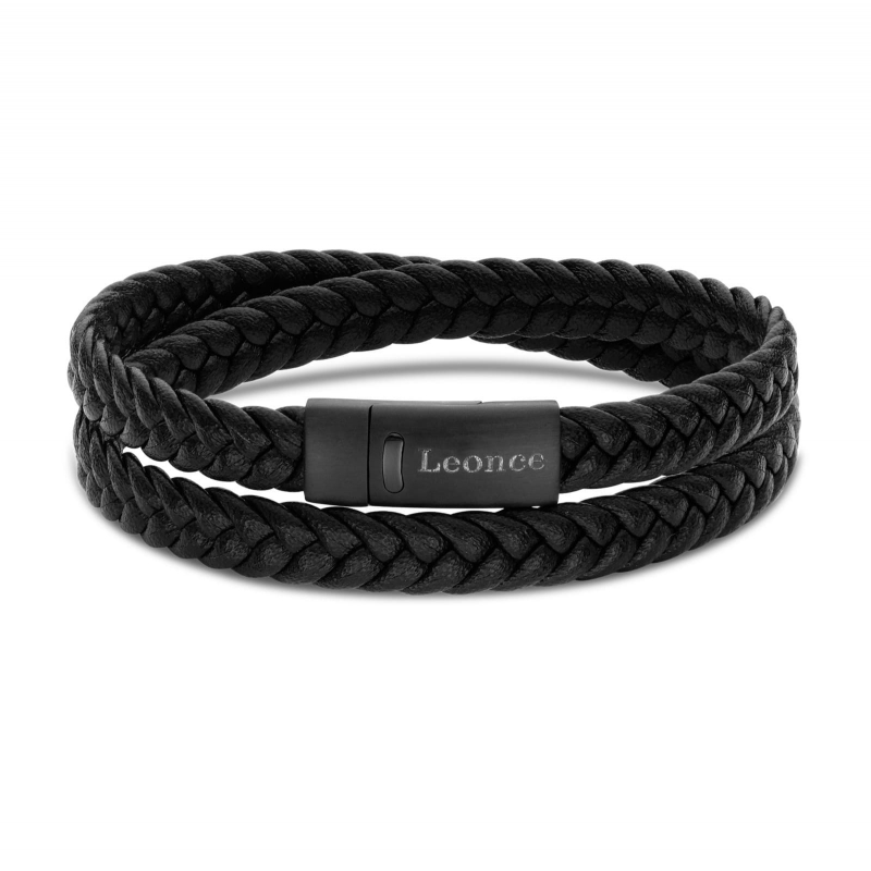 Bracelet homme personnalisé en cuir tressé noir double tour avec boucle noire