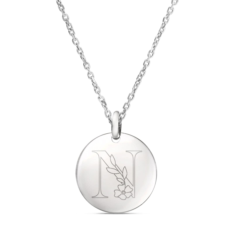 Collier personnalisé alphabet floral médaille bombée en Argent