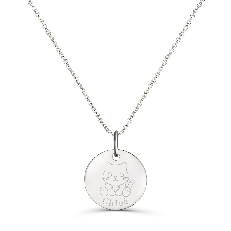 Collier personnalisé médaille 15 mm dessin chat en Argent