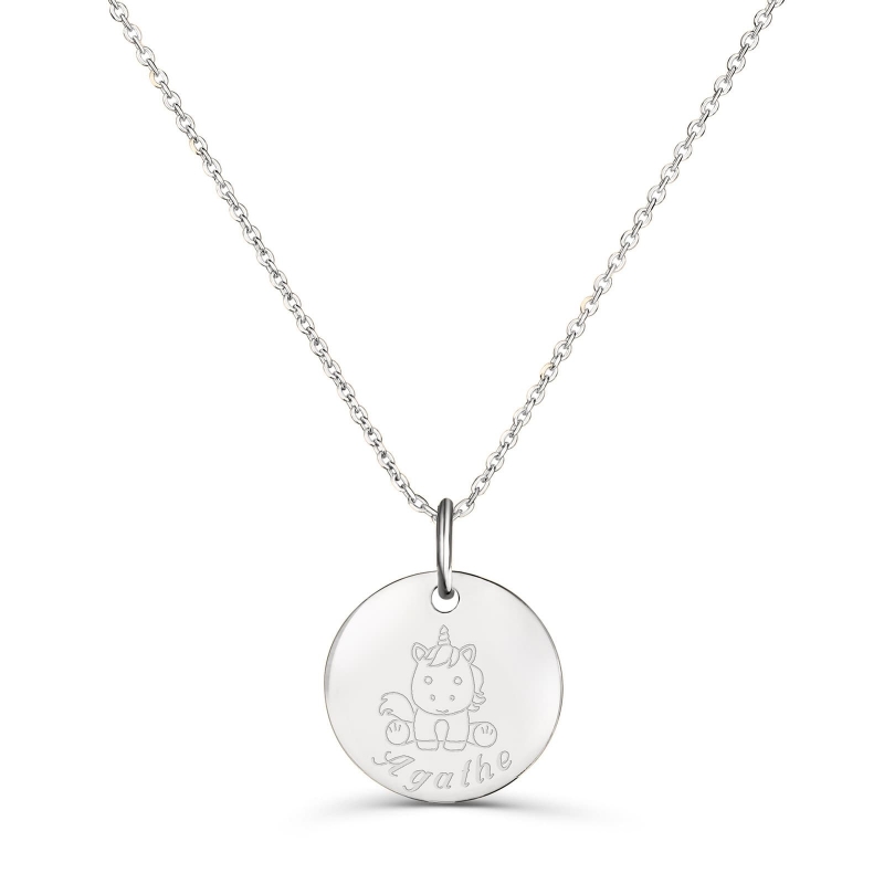 Collier personnalisé médaille 15 mm dessin licorne en Argent
