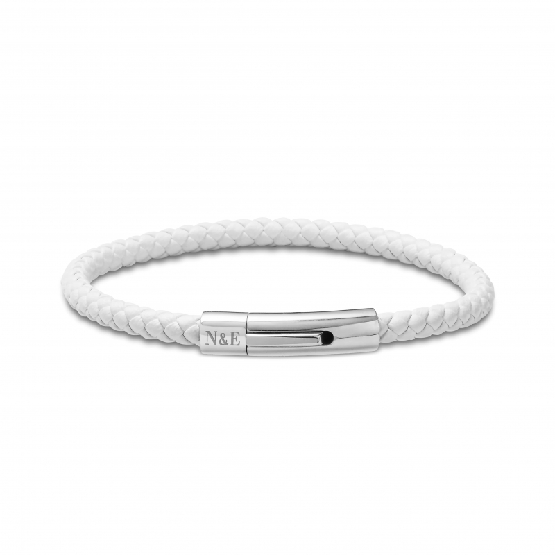 Bracelet homme personnalisé en cuir tressé blanc arrondi et boucle argentée