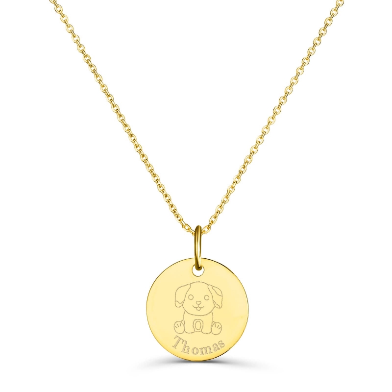 Collier personnalisé médaille 15 mm dessin chien en Plaqué Or