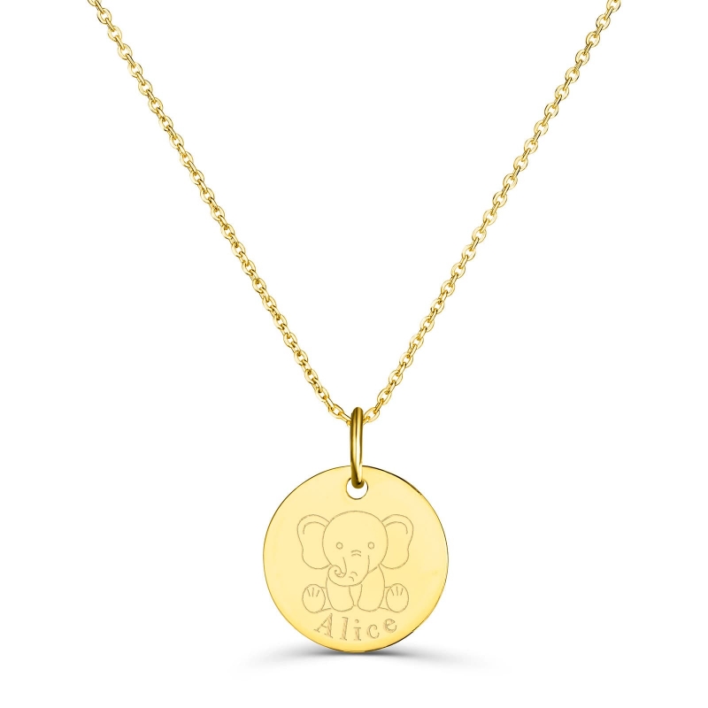 Collier personnalisé médaille 15 mm dessin éléphant en Plaqué Or