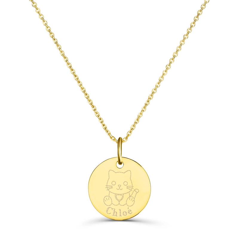 Collier personnalisé médaille 15 mm dessin chat en Plaqué Or