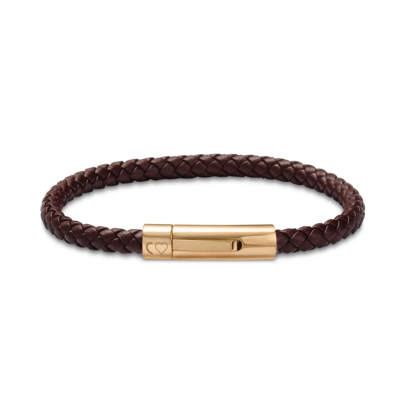 Bracelet homme personnalisé en cuir tressé marron arrondi et boucle dorée