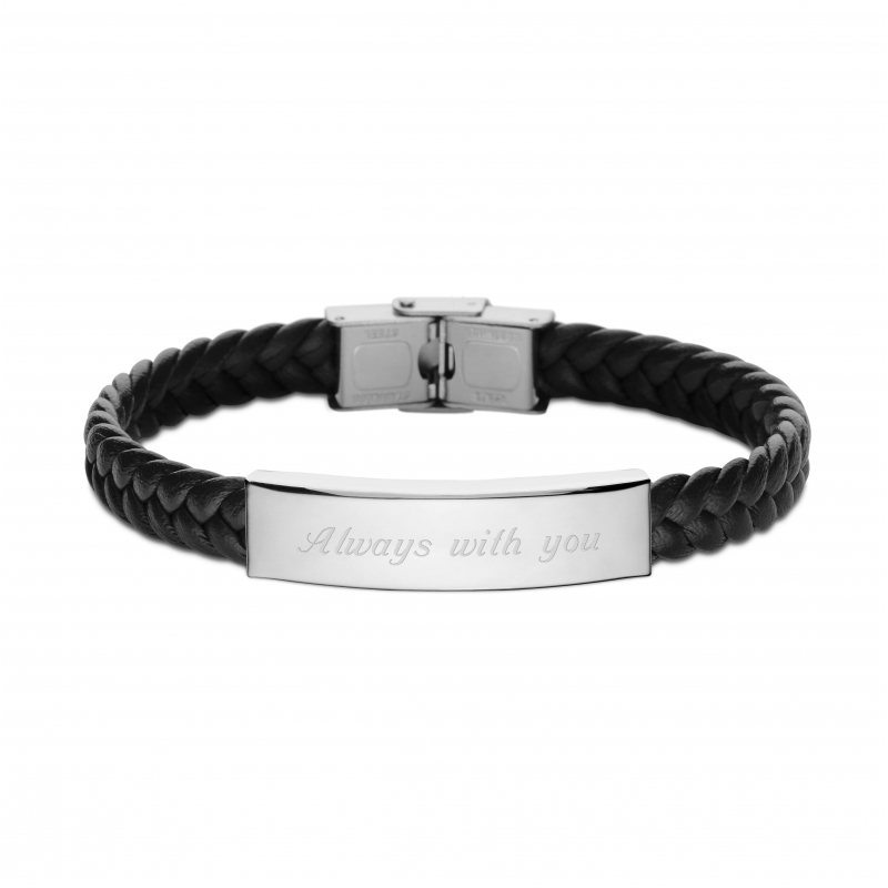 Bracelet homme personnalisé en cuir tressé noir et boucle argentée