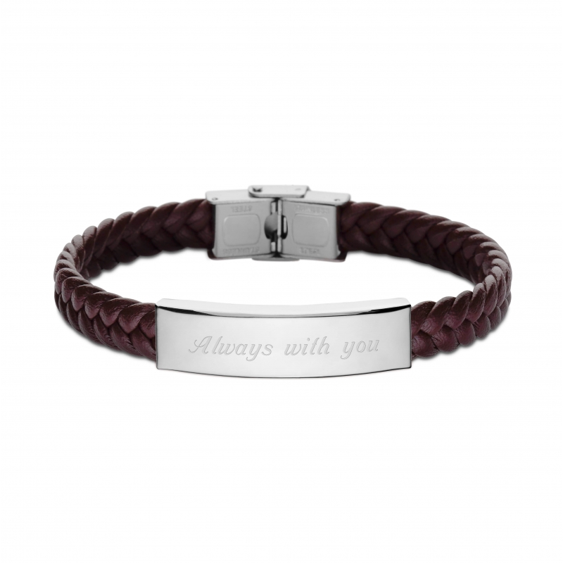 Bracelet homme personnalisé en cuir tressé marron et boucle argentée