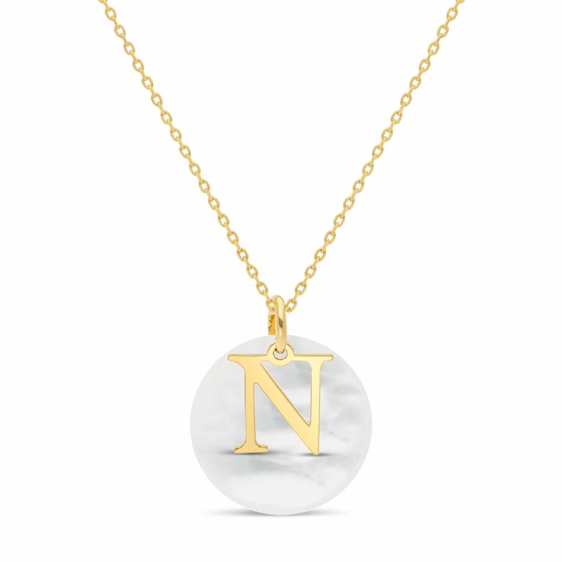 Collier personnalisé médaille nacre 20 mm et charm lettre Plaqué Or