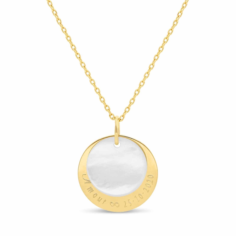 Packshot du collier médaille nacre et médaille 20 mm à graver en Plaqué Or