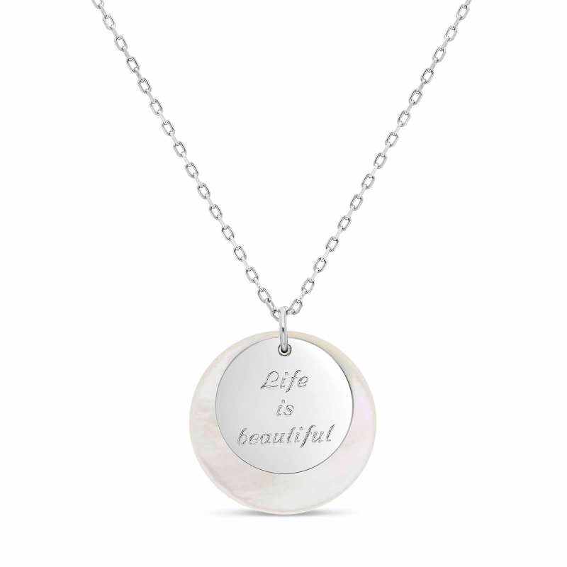 Collier médaille nacre et médaille 15 mm à graver en Argent