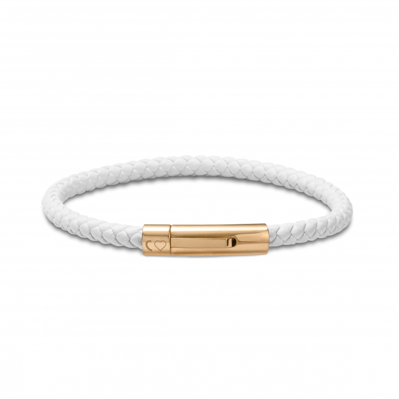 Bracelet homme personnalisé en cuir tressé blanc arrondi et boucle dorée