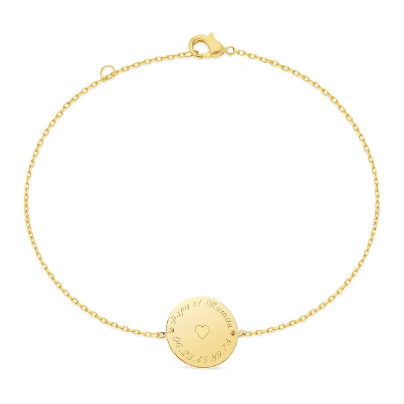 Bracelet chaînette médaille 15 mm gravée Plaqué Or