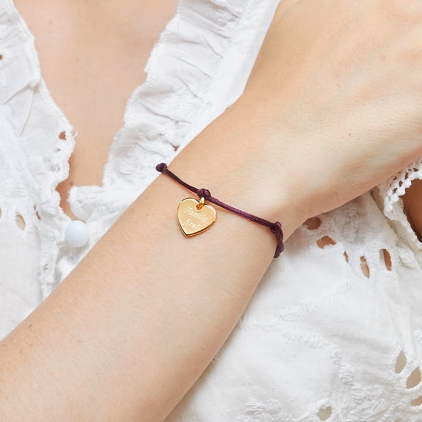 Bracelet cordon et pendentif cœur 14 mm en Plaqué Or personnalisé