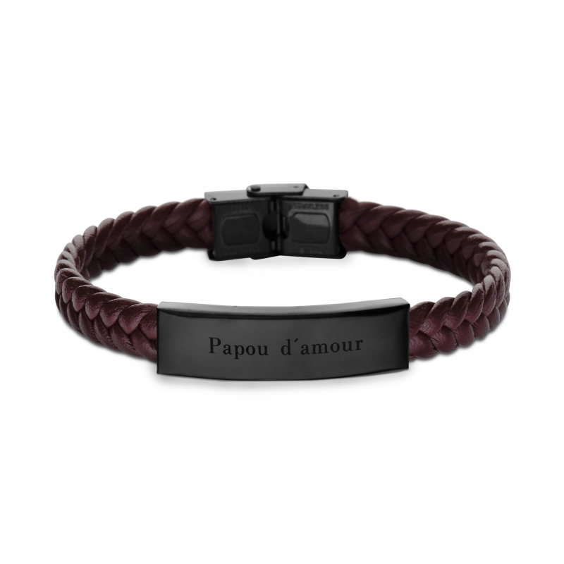 Bracelet homme personnalisé en cuir tressé marron et boucle noire