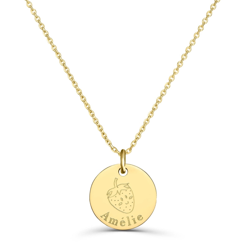 Collier personnalisé médaille 15 mm dessin fraise en Plaqué Or
