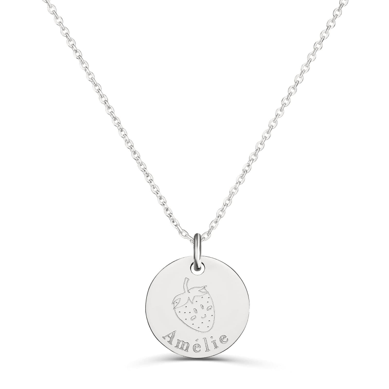 Collier personnalisé médaille 15 mm dessin fraise en Argent