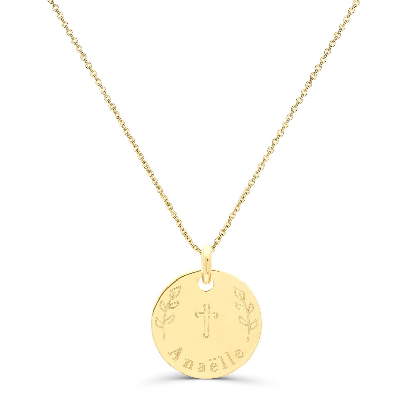 Collier personnalisé baptême "Croix & Rameaux" médaille Plaqué Or 15 mm